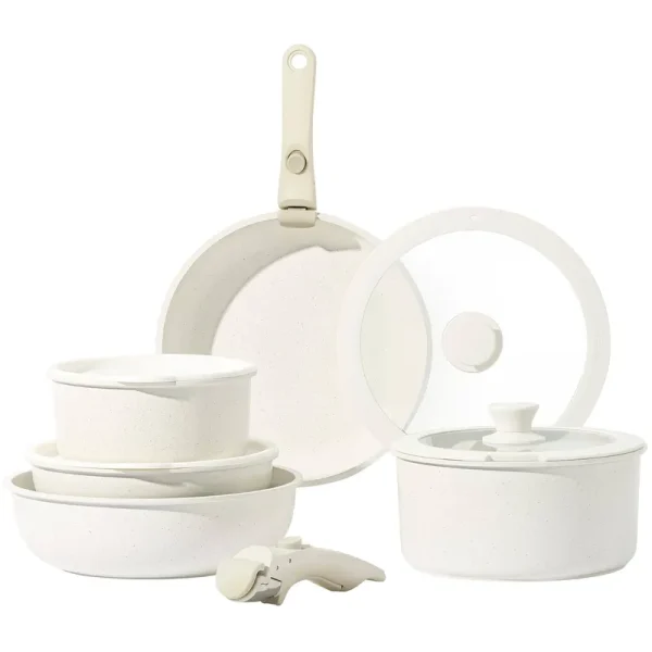 Carote 11pcs Pots and Pans Set, Nonstick Cookware Sets Detachable Handle, Induction RV Kitchen Set Removable Handle, Oven Safe, Cream White