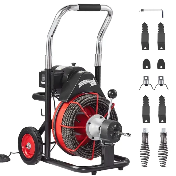 KFFKFF Drain Cleaner Machine, 100FT x 3/8 in with Auto Feed, 370W, Portable on Wheels, Includes 8 Cutters & Air Foot Switch, Cleans 2" - 4" Pipes