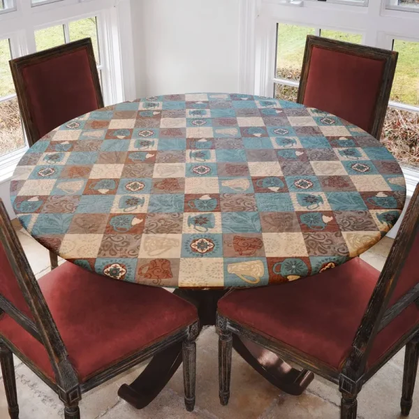 Covers for The Home Elastic Edged Flannel Backed Vinyl Fitted Table Cover - Global Coffee Pattern - Small Round - Fits Tables Up to 44" Diamet
