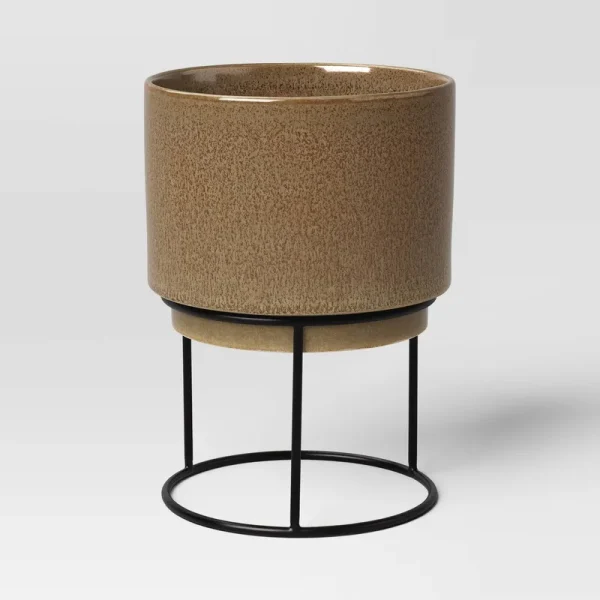 Large Ceramic Glaze Indoor Outdoor Planter Pot with Stand Brown 7.8"x7.8"x10.39" - Threshold