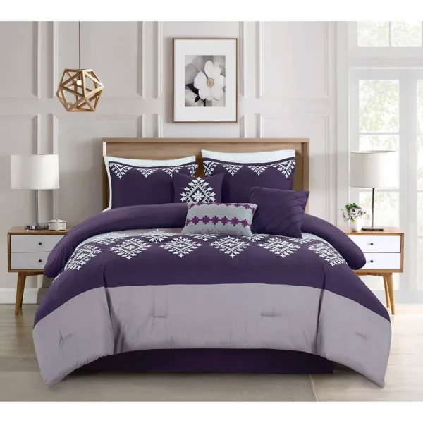 Jml 7 Piece Comforter Set Embroidered Design Bed in A Bag Purple and Grey California King