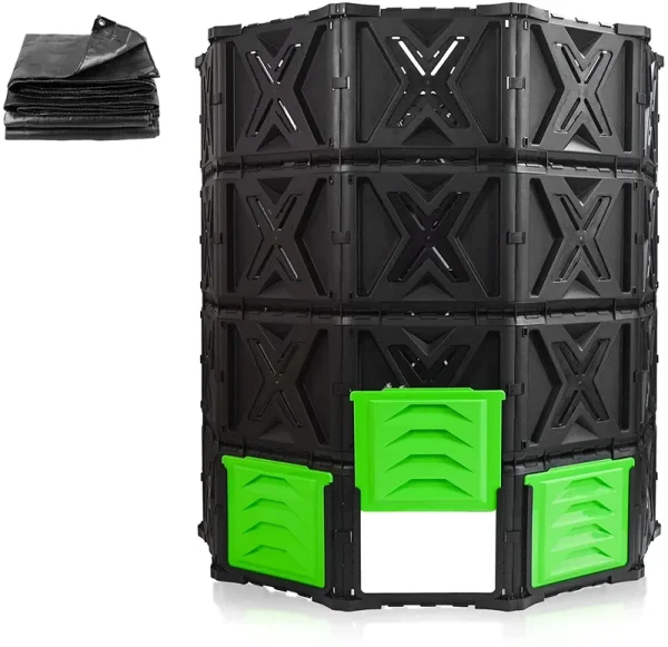 XXL Large Compost Bin Outdoor - 190G/143G - Easy Assembly - No Screws - BPA Free - Sturdy& Durable - Green Door