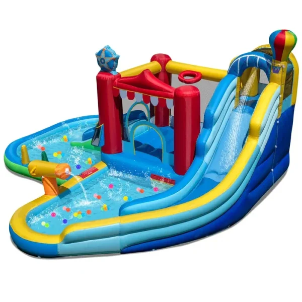 8-in-1 Inflatable Water Slide Park with Splash Pool, Water Cannon & Ball Pit, Wet Dry Combo Bounce House for Kids Backyard Party