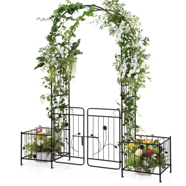 Costway 87" Garden Arbor Arched Lockable Gate Top Arbor Trellis with Side Planters