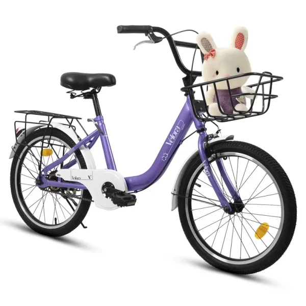20 in Kids Bike for Boys Girls, 1 Speed Children Bicycle with Basket, Rear Seat, Chain Guard, Coaster Brake and V - Brake, Steel Frame Kids Bike for Ages 6 - 12 Years Old Birthday Gift, Purple