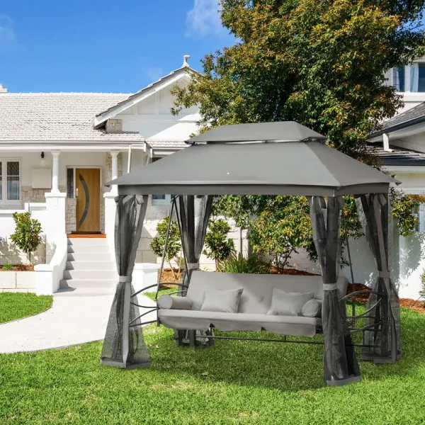 Outsunny 3 Person Patio Swing Chair, Gazebo Swing with Double Tier Canopy, Cushioned Seat, Mesh Sidewalls, Gray