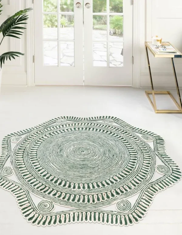 Unique Loom Hand Braided Jute 2 ft Round Green and White Geometric, Natural Area Rug