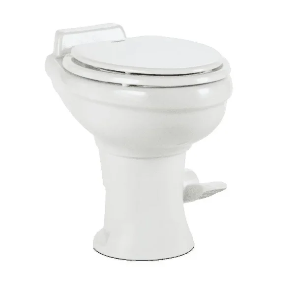 Dometic 320 RV Toilet | White | 302320081 | Standard Height | Gravity Toilet | Elongated Ceramic Bowl | Flush with Foot Pedal | for Rvs. Trailers. and Outdoor Campers