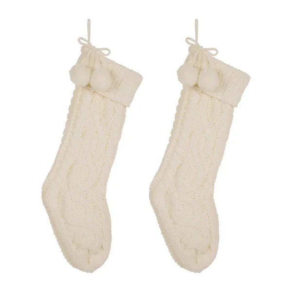 Glitzhome 2-pk 24" Knitted Christmas Stocking with Pom Pom Ball - White