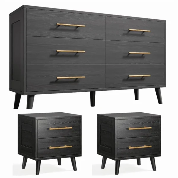 Noelse 3 Piece Bedroom Furniture Set, 6 Drawer Dresser with 2 Nightstands, Modern Wood Storage Organizer with Metal Handles for Bedroom, Living Room, Black