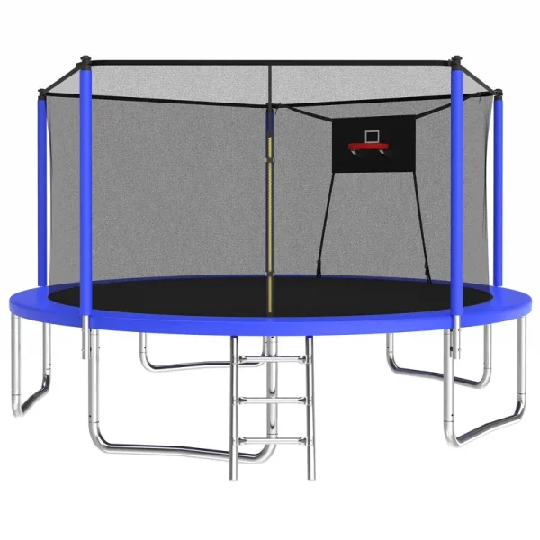 14ft Trampoline with Basketball Hoop, Outdoor Trampoline with with Enclosure Net, Blue