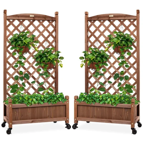 Best Choice Products Set of 2 48in Wood Planter Box & Diamond Lattice Trellis, w/ Drainage, Optional Wheels - Walnut
