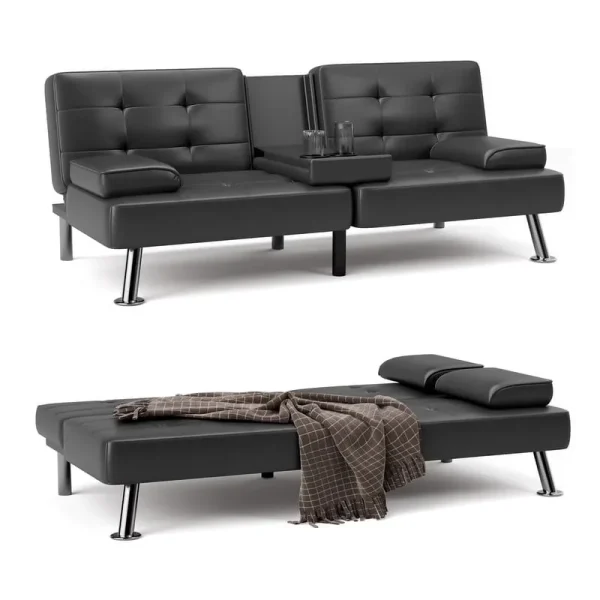 Furmax Futon Sofa Bed Convertible Folding Faux Leather Couch with 2 Cup Holders, Black