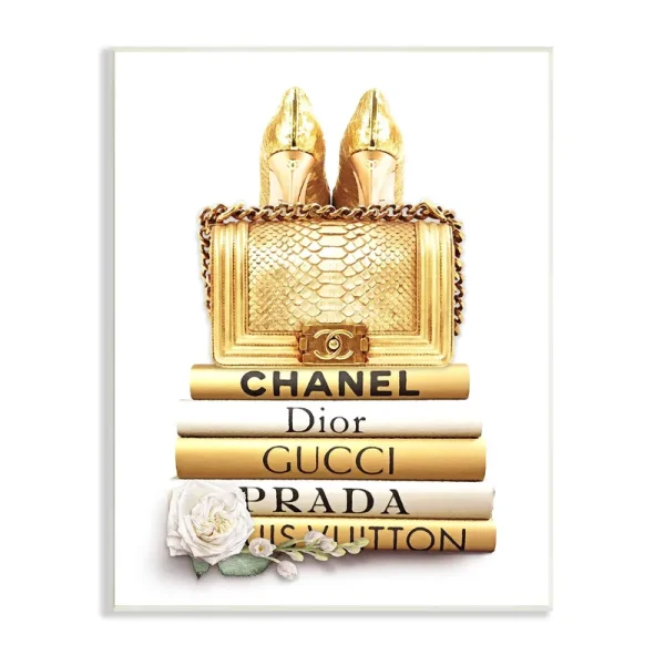 Divine Golden Fashion Purse on Glam Designer Bookstack Stupell Industries Size: 19" H x 13" W, Format: Wood