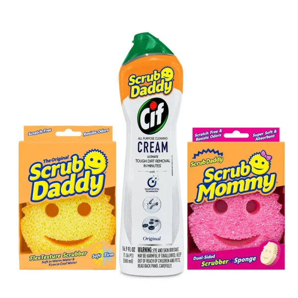 Scrub Daddy Original Plus Mommy Sponge w/Cif 16.9 oz. All Purpose Cleaning Cream Original - Multi-Surface 3 Count Bundle, Multi-Colored