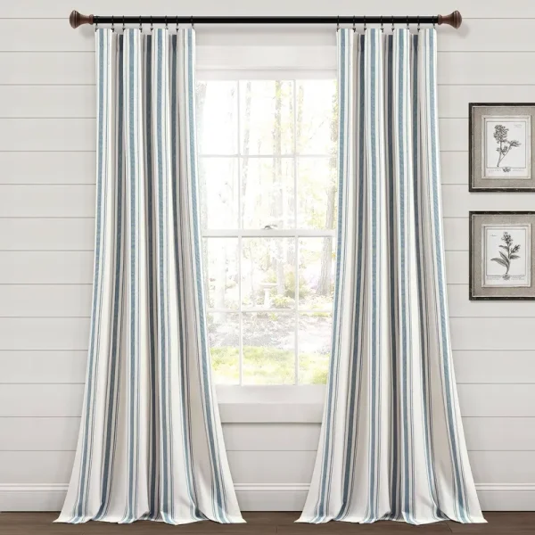 Lush Decor Farmhouse Stripe Yarn Dyed Cotton Window Curtain Panel Pair - 84" x 42" - Blue
