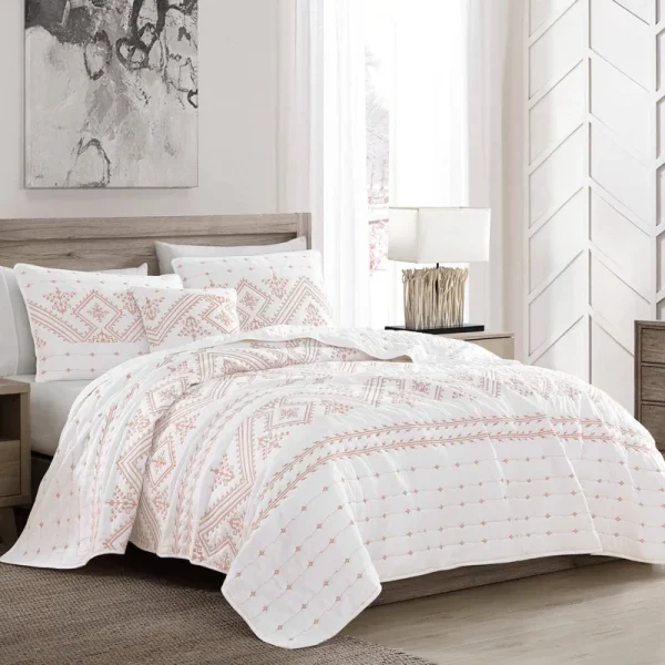 Brielle Cross Stitch Quilt Set, Twin, Coral