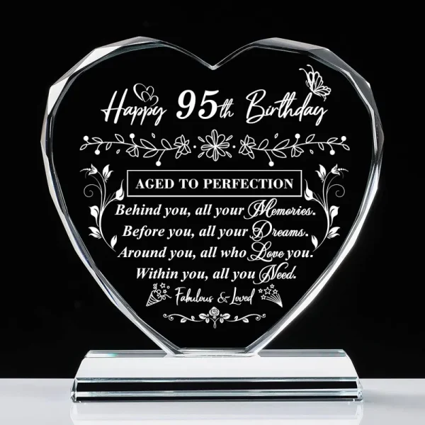 QIANRUNA 95th Birthday Gifts for Women Men, Laser Glass Heart 95th Birthday Decorations Ideas, Happy Birthday Gifts for 95 Year Old Parents