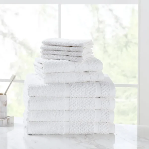 Mainstays 10 Piece Bath Towel Set with Upgraded Softness & Durability, Office Blue - White