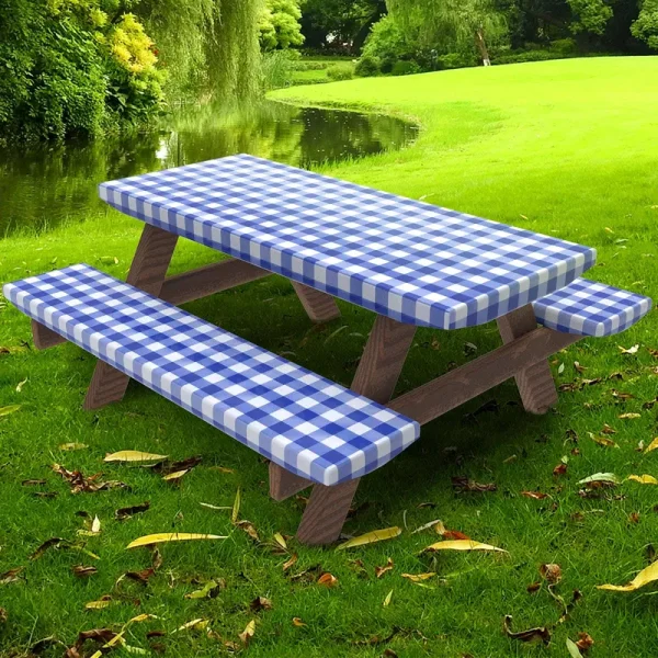 Umineux Rectangle Picnic Table Cover with Bench Covers, Fitted Vinyl Tablecloth for 6 ft Tables, Waterproof, Flannel Backing, Elastic Edge (30 x 72