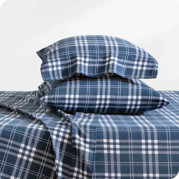 Bare Home Flannel Sheet Set - 100% Cotton - Deep Pocket - Split King, Stirling Plaid - Blue/White, 5-Pieces