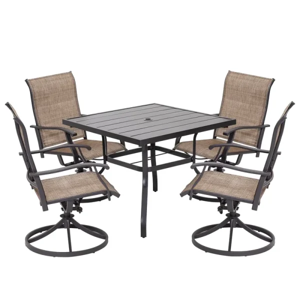 Nuu Garden 5 Piece Outdoor Patio Dining Set, Metal Patio Furniture Set 4 Textilene Swivel Chairs and 37" Square Iron Umbrella Dining Table, Black and Brown