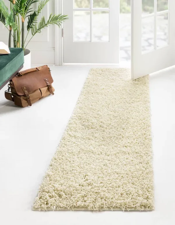 Unique Loom Comfort Solid Shag 6 ft Runner Pure Ivory Area Rug