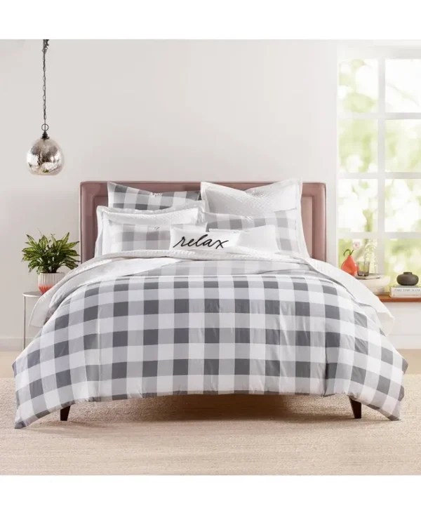 Charter Club Damask Designs Gingham Colorblock 3-Pc. Duvet Cover Set, King, Created for Macy's - Grey