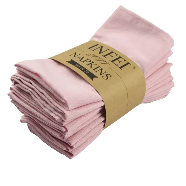 INFEI Soft Solid Color Linen Cotton Dinner Cloth Napkins - Set of 12 (40 x 40 cm) - for Events & Home Use (Pink)