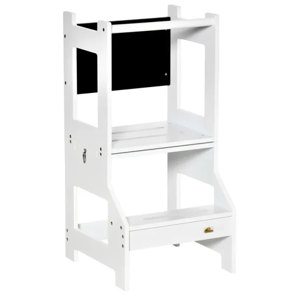 Qaba 2 in 1 Kids Kitchen Step Stool Detachable Toddler Table and Chair Set White