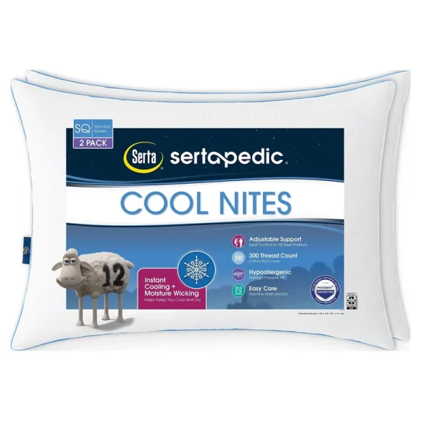 SertaPedic Cool Nites Bed Pillow, Set of 2, Standard/Queen, White