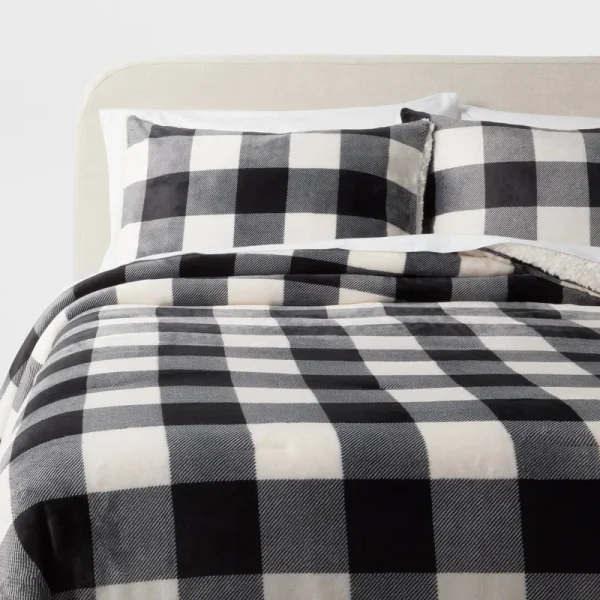 3PC Full/Queen Traditional Cozy Faux Shearling Comforter and Sham Set Black/Ivory - Threshold