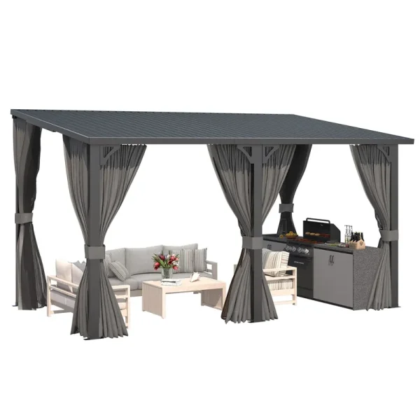 AECOJOY 14'x8' Outdoor Hardtop Metal Gazebo with Curtain and Netting