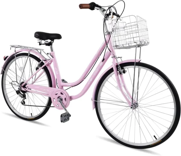 Ambifirner Women'S Beach Cruiser Bike, 26in City Cruiser Bikes High Carbon Steel V Brake 7 Speed Commuter Bike with Basket & Mirror