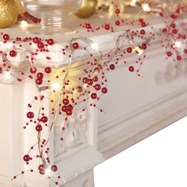 Collections Etc Indoor Christmas Decorations, Festive Lighted Berry Beaded Garland Red- 120 inchl