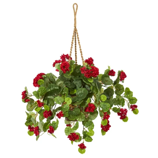 Nearly Natural 27 inch Geranium Artificial Plant in Hanging Basket
