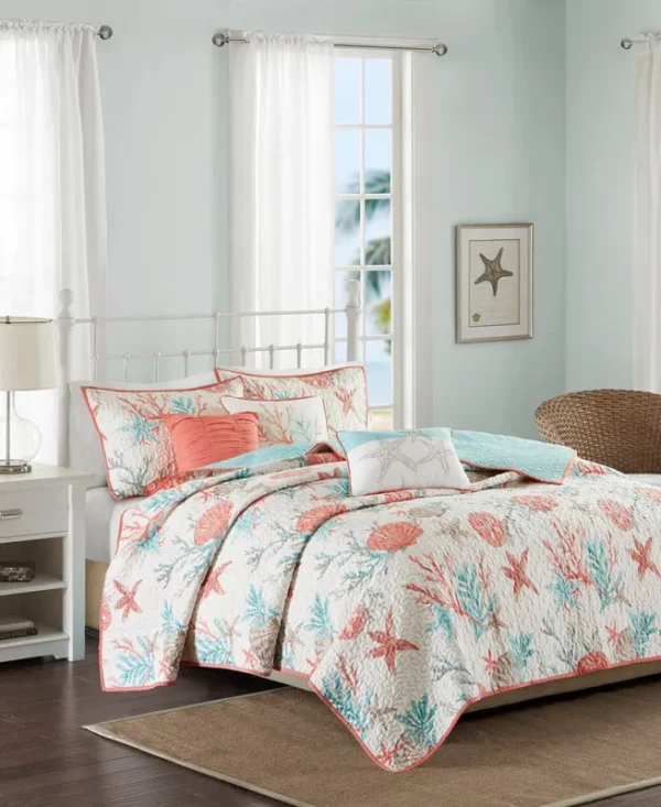 Madison Park - Pebble Beach 6 Piece Quilted Cotton Coverlet Set - Full/Queen - Coral