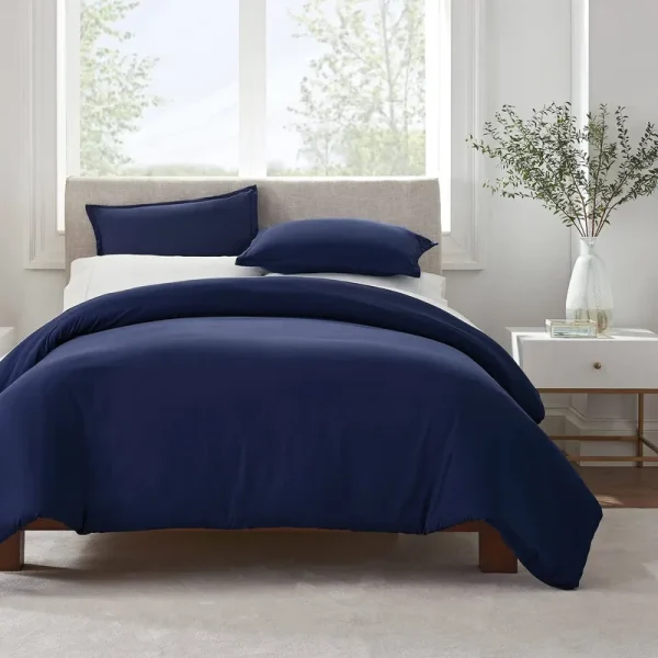 Serta Simply Clean Antimicrobial Solid 3 Piece Duvet Set, Navy Blue, Full/Queen