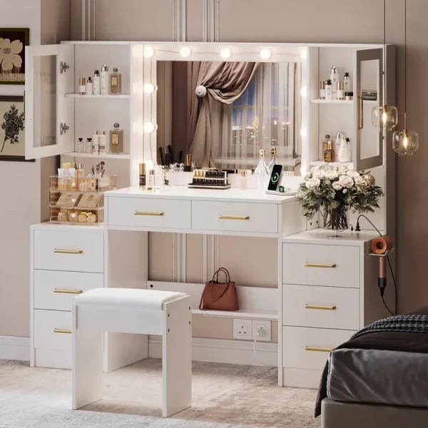 UGTOO 58.3" White Vanity Desk with Mirror, Adjustable Lighting, Power Outlet, Drawers, with Stool