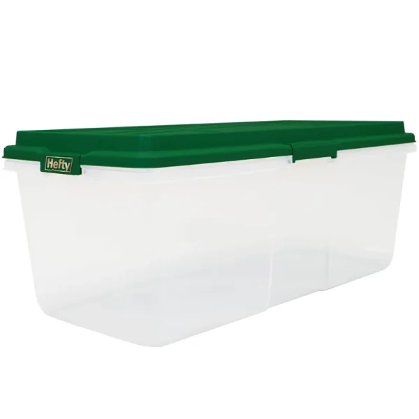 Hefty 113 qt Clear Plastic Holiday Latched Storage Bin, Green Lid