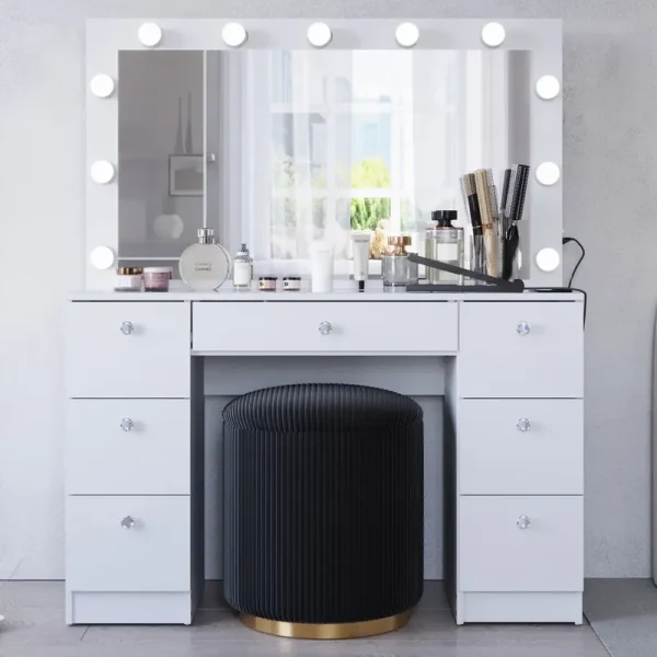 Ember Interiors Ibbie White Makeup Vanity with Glass Top, Lights, Charging Station