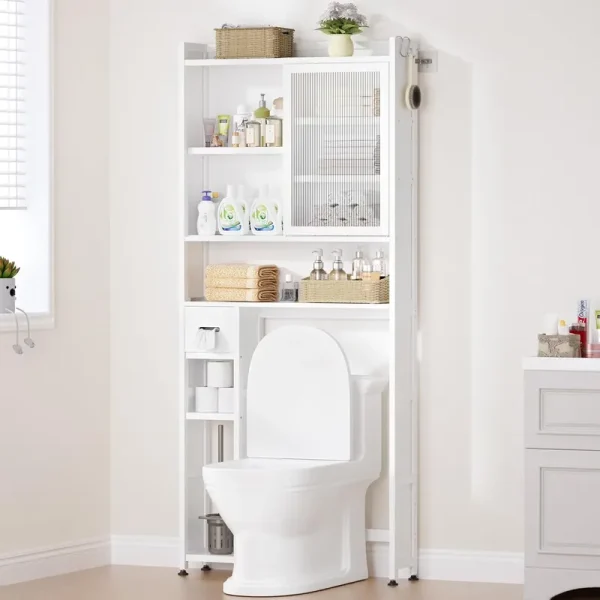 Over the Toilet Storage Cabinet with Acrylic Door Panel and Paper Towel Drawer, Bamboo Space Saver Shelf, Bathroom Organizer Rack Above WC (without Power Strip, White)