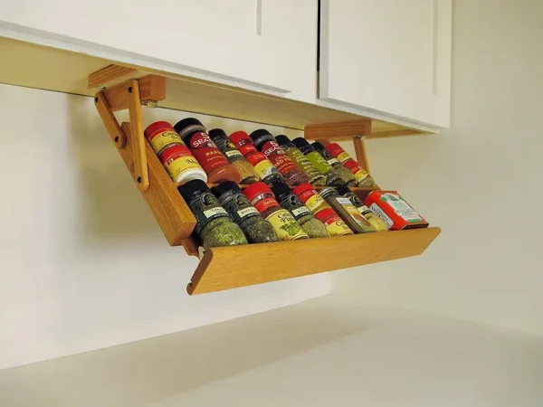 Makimoo Kitchen Storage Under Cabinet Spice Rack, Handmade Hardwood, Holds 16 Large or 32 Small Spice Containers