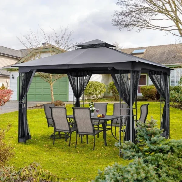 12 ft. W x 10 ft. D Gray Double Roof Patio Gazebo with Mosquito Net