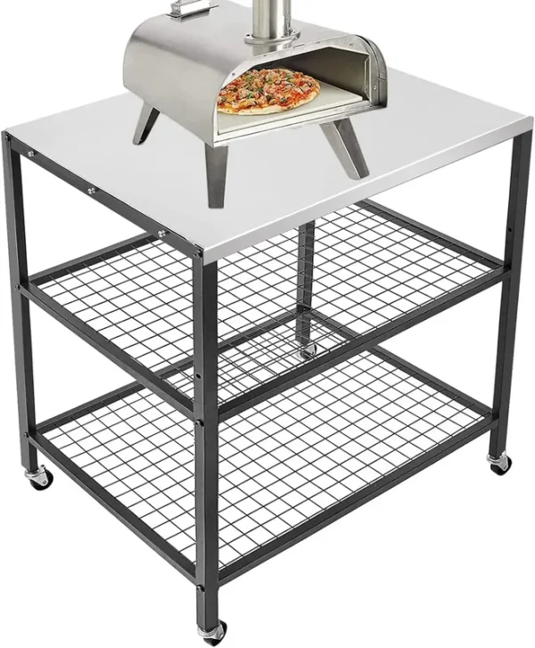 WEASHUME Stainless Steel Grill Cart Pizza Oven Stand Trolley Table