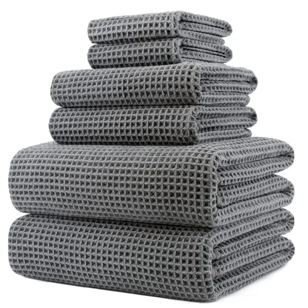 POLYTE Oversize 60 x 30 in Quick Dry Lint Free Microfiber Bath Towel Set 6 Piece (Gray Waffle Weave)
