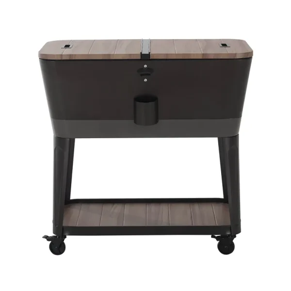 Sunjoy 80 - Quart Wood Grain Finish Metal Rolling Ice Chest Cooler Cart with Storage Shelf, Steel Bottle Opener, and Lockable Wheels, Bronze