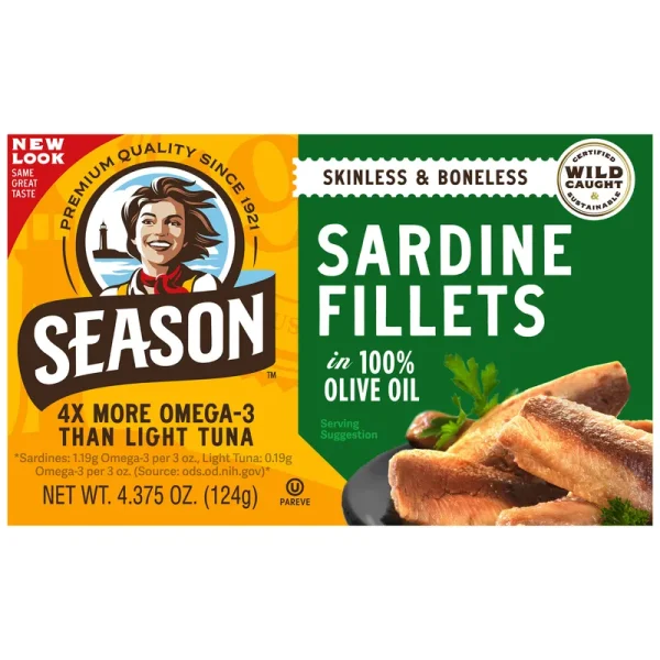Season Sardine Fillets in 100% Olive Oil, Wild Caught, Skinless & Boneless, 4.375 oz, 6 - Count
