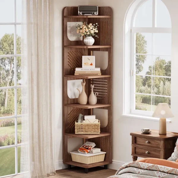 Fnova 71" 6 - Tier Tall Corner Bookshelf, Rustic Wooden Narrow Corner Bookcase with Artistic Square Rack, Freestanding Display Storage Shelf for Space - Saving Home Organizing