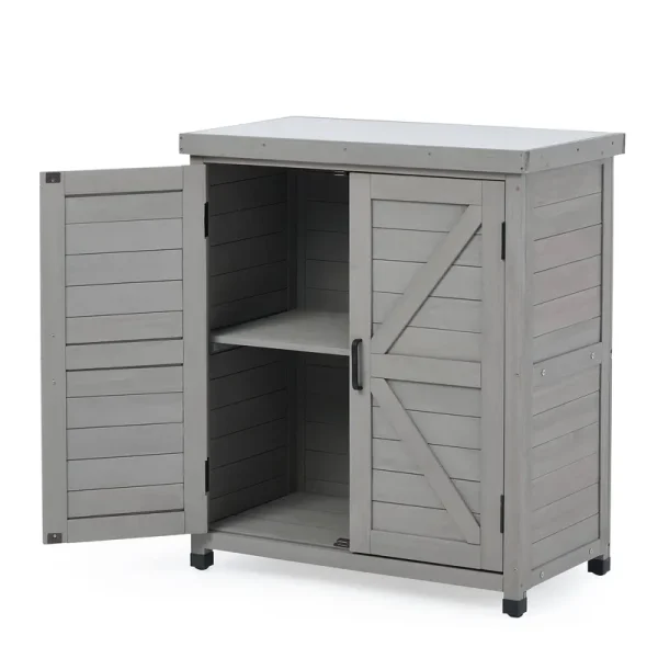 SoliWood Outdoor Storage Cabinet & Potting Bench Table with Metal Top, Wooden Patio Furniture, Garden Workstation